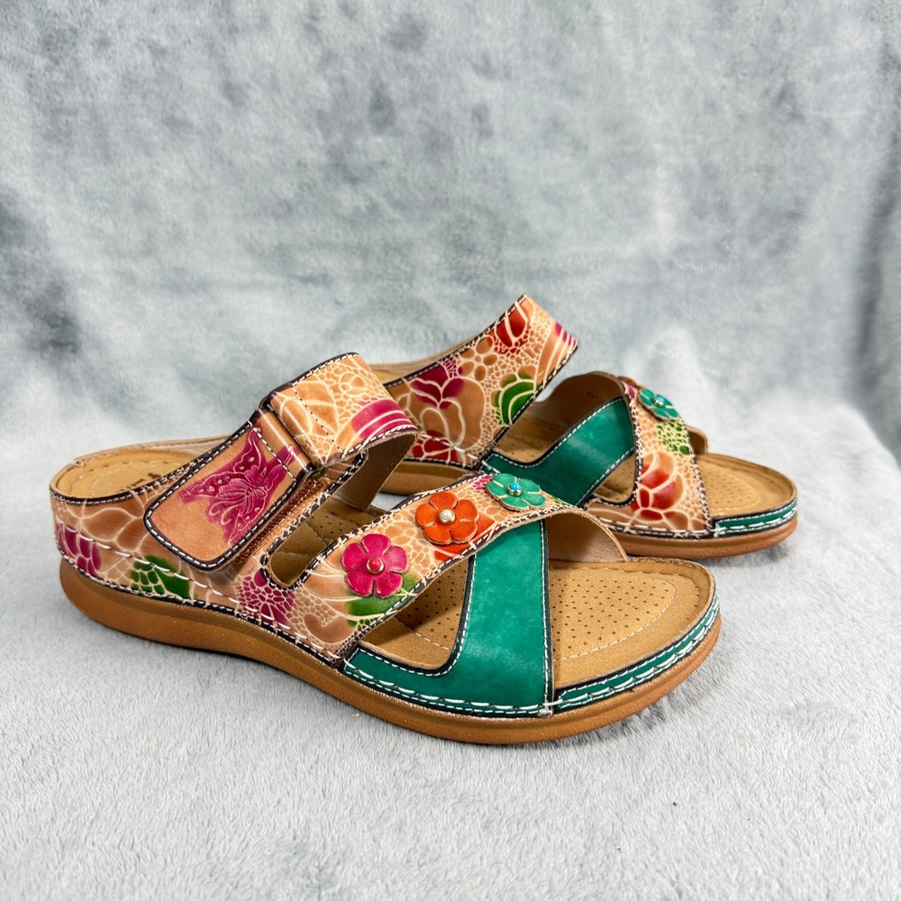 Spring Step L'Artiste Women 40 Pink Teal Leather Floral Slide Sandals Boho TNM40